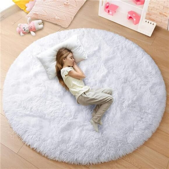 White Round Fluffy Rug 4x4 Soft Shag Carpet Kids Girls Bedroom Nursery Playroom - Picture 1 of 7